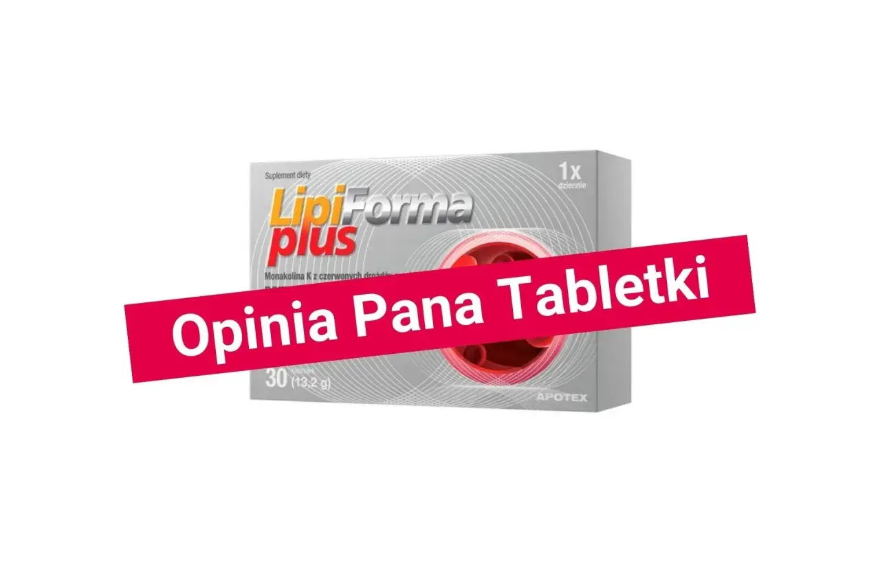 Opakowanie suplementu diety LipiForma plus, który pomaga jak obniżyć cholesterol. Zawiera monakolinę K. 30 kapsułek.