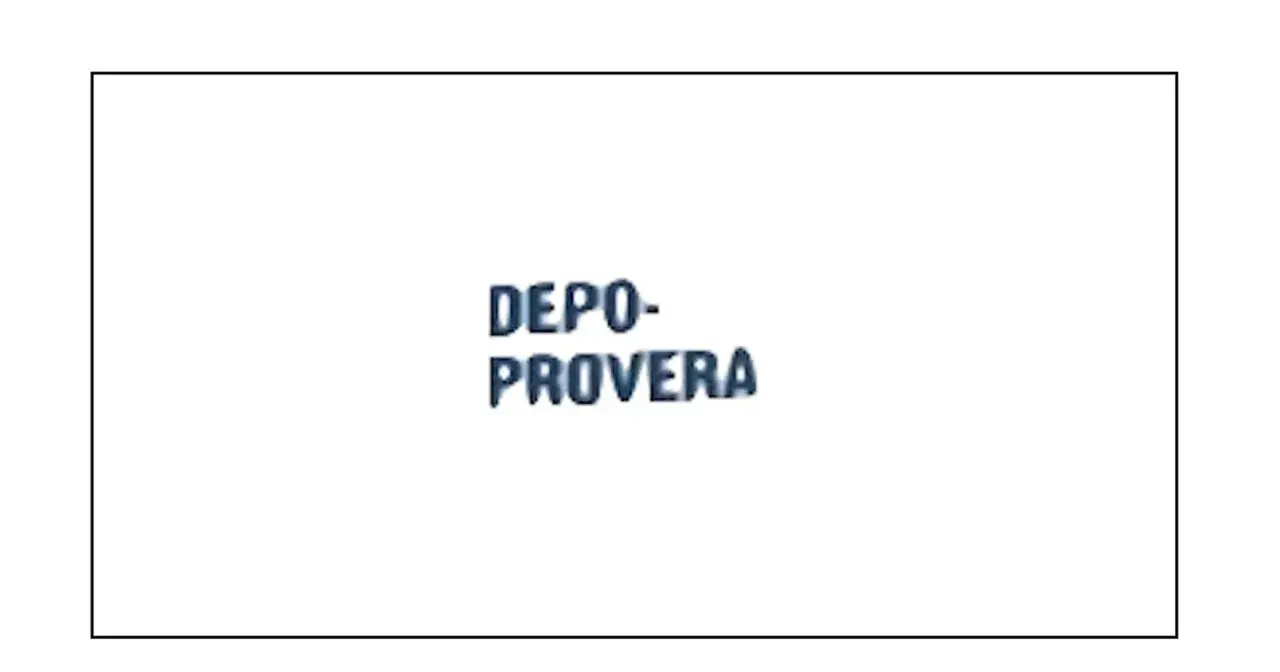 Napis DEPO-PROVERA w ciemnoniebieskim kolorze, z efektem 3D.
