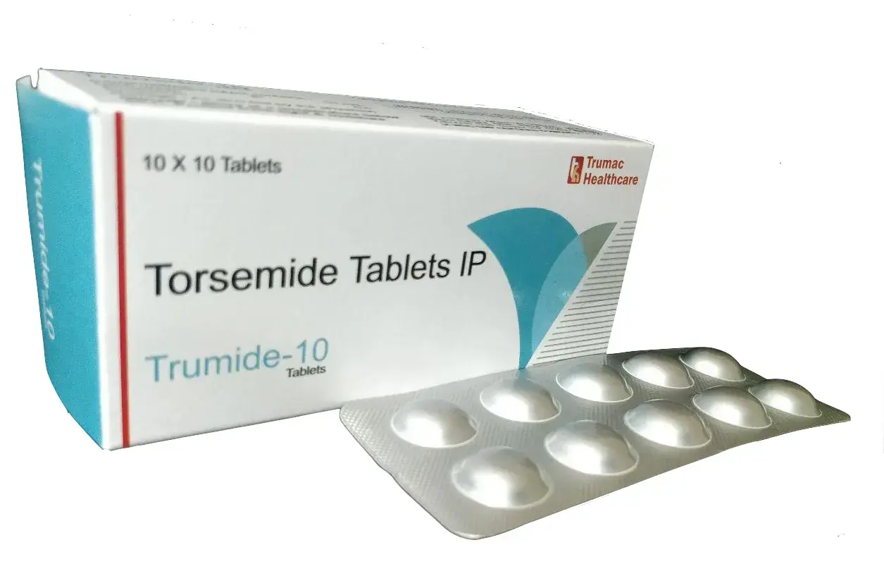 Opakowanie leku Torsemide Tablets IP, znane jako Trumide-10, z blistrem tabletek.