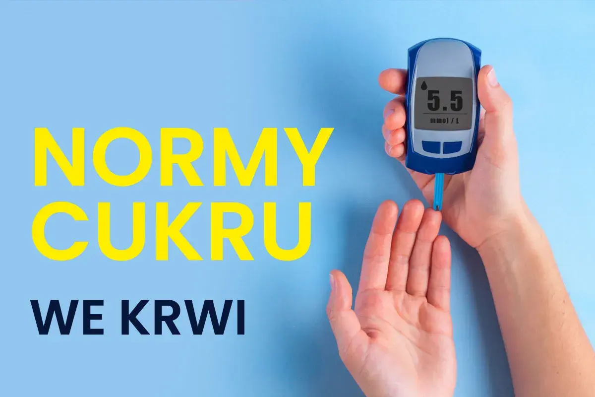 Dłoń trzyma glukometr pokazujący 5.5 mmol/L. Napis "NORMY CUKRU WE KRWI" informuje o ważności monitorowania poziomu cukru we krwi.