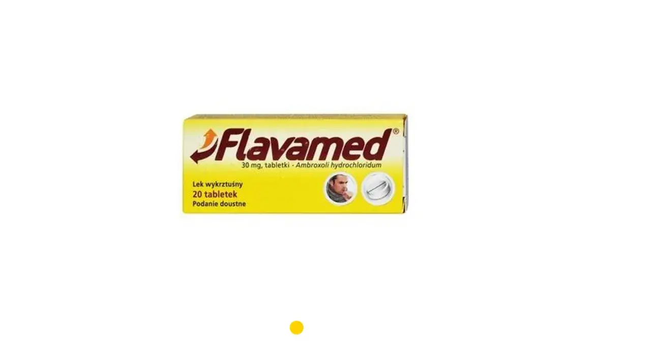 Opakowanie leku Flavamed, 30 mg, 20 tabletek, na kaszel.