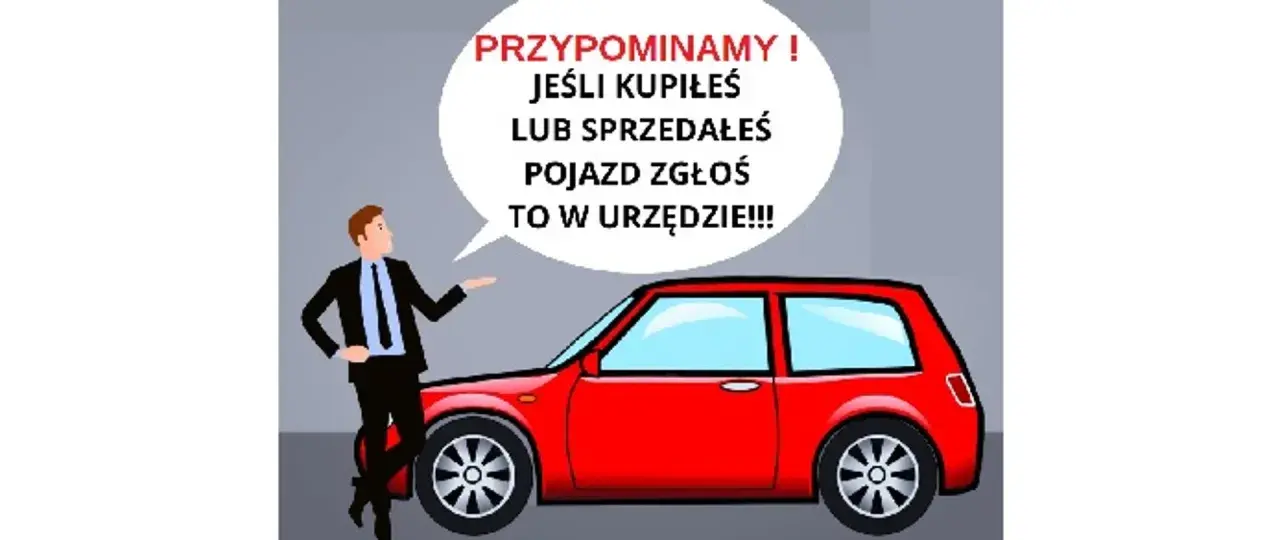 Przypomnienie: zawiadomienie o zbyciu pojazdu! Mężczyzna w garniturze obok czerwonego auta informuje o obowiązku zgłoszenia transakcji w urzędzie.