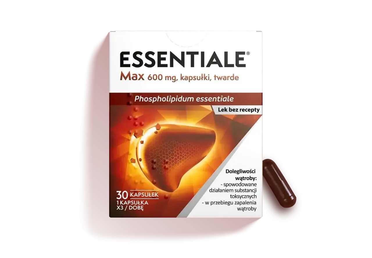 Opakowanie Essentiale Max 600 mg z wizerunkiem wątroby, wskazujące na pomoc w dolegliwościach wątroby, np. spowodowanych substancjami toksycznymi.