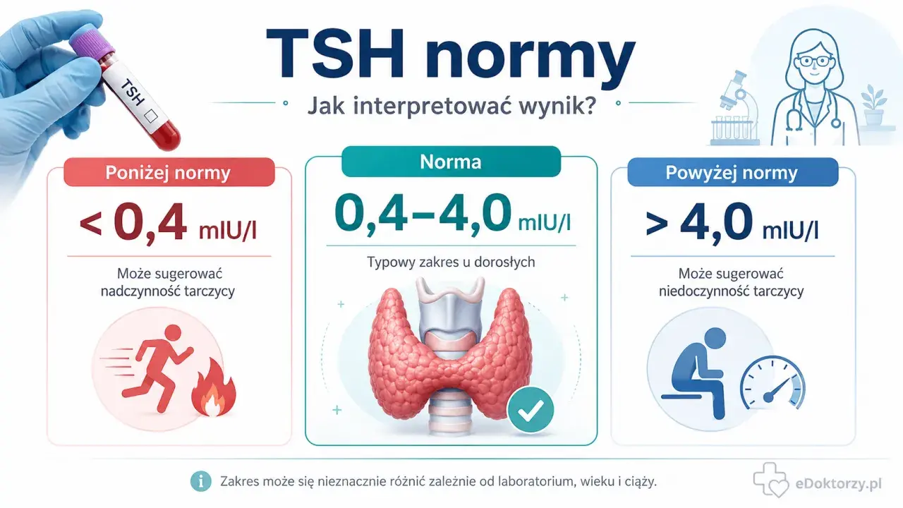 Grafika przedstawia normy TSH: poniżej normy (<0,4 mIU/I) sugeruje nadczynność, norma (0,4-4,0 mIU/I) to typowy zakres, a powyżej normy (>4,0 mIU/I) może oznaczać niedoczynność tarczycy.