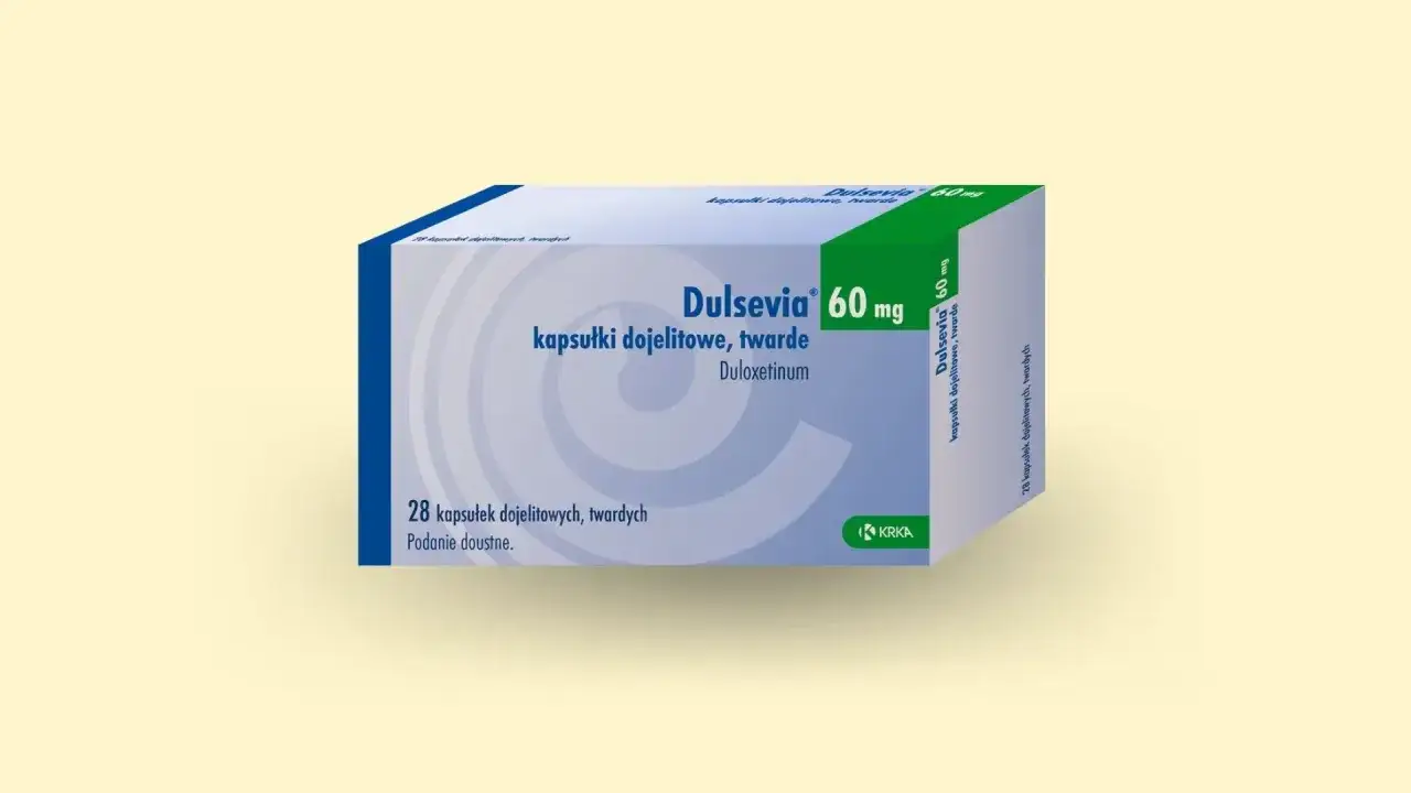 Opakowanie leku Dulsevia 60 mg, zawierające 28 kapsułek dojelitowych. Stosowany w leczeniu, miansec.