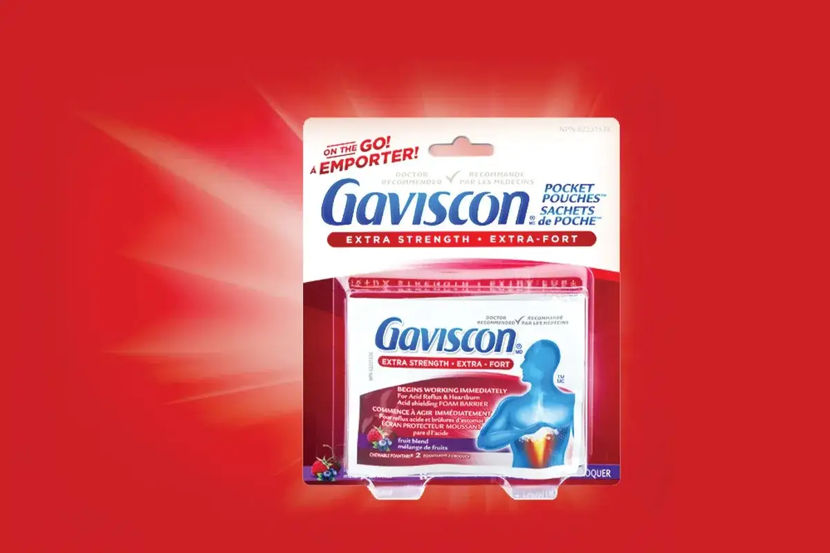 Opakowanie Gaviscon Extra Strength, które działa jak inhibitory pompy protonowej, łagodząc zgagę i refluks.