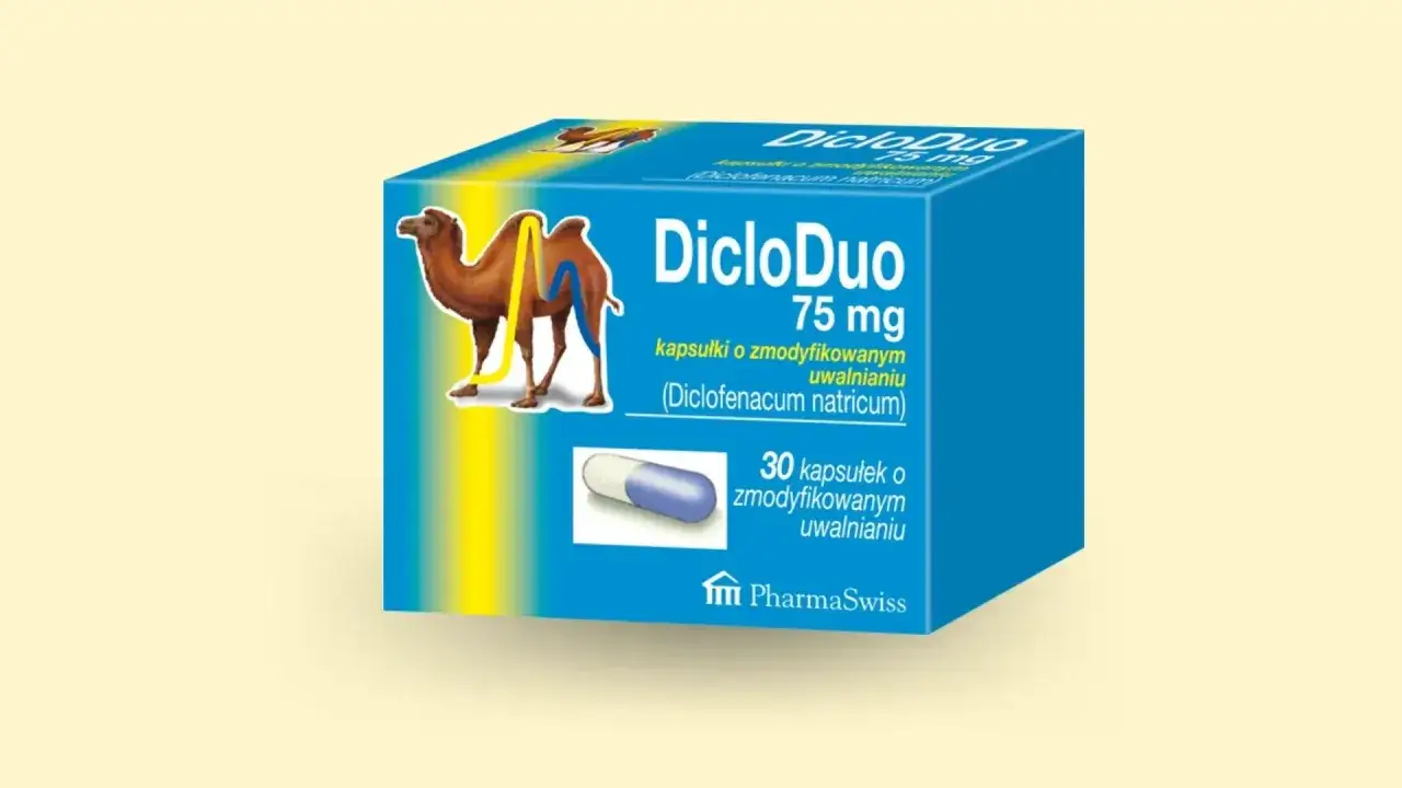 Opakowanie DicloDuo 75 mg z wielbłądem, kapsułki o zmodyfikowanym uwalnianiu. Pomaga w walce z bólem, jak wytrzymały nlpz.