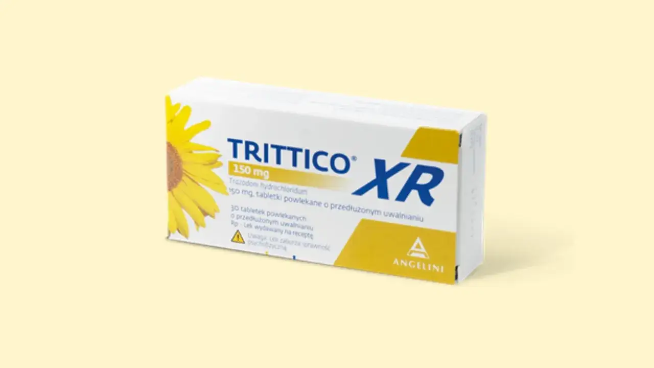 Opakowanie leku Trittico XR 150 mg, z symbolem słonecznika. Lek na receptę, miansec.