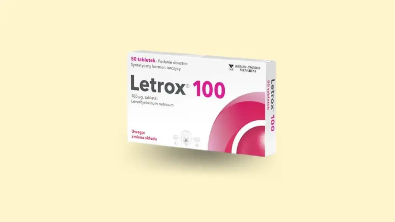 Opakowanie leku Letrox 100, zawierające 50 tabletek z lewotyroksyną sodową. Informacja o zmianie składu.