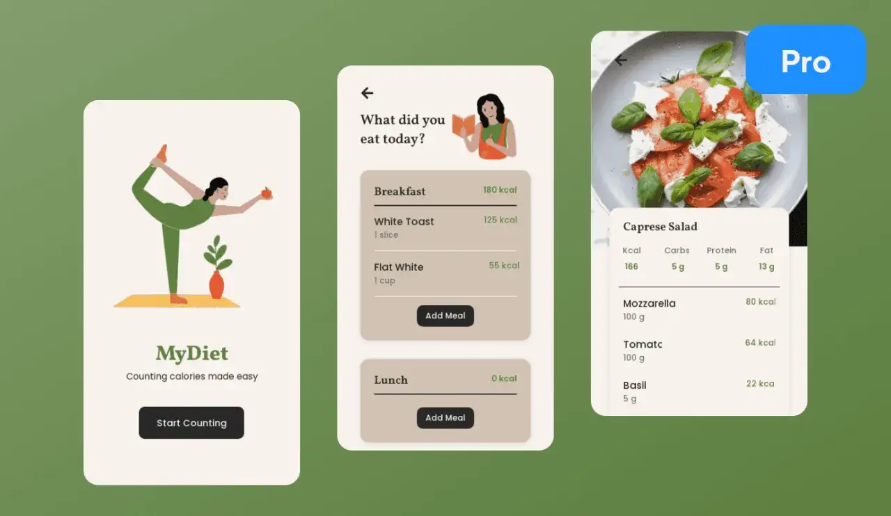 Aplikacja do liczenia kalorii MyDiet. Zobacz podsumowanie posiłków i szczegółowe informacje o sałatce Caprese.