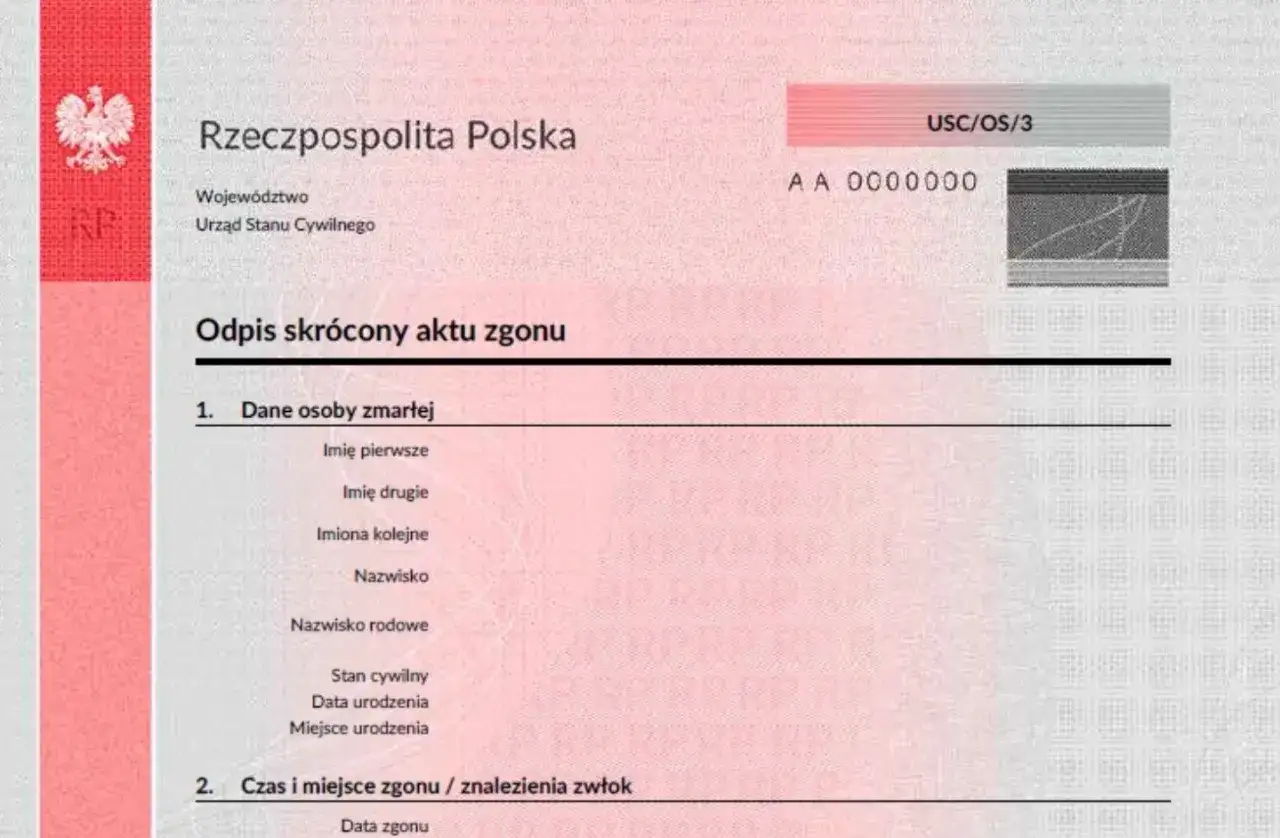 Skrócony akt zgonu z danymi osoby zmarłej i czasem/miejscem zgonu. Dokument wydany przez Urząd Stanu Cywilnego.