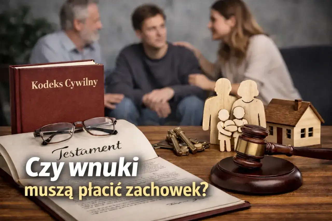 Na stole leży testament, Kodeks Cywilny, okulary, klucze, młotek sędziowski i drewniana rodzina. Pytanie brzmi: Czy wnuki muszą płacić zachowek?
