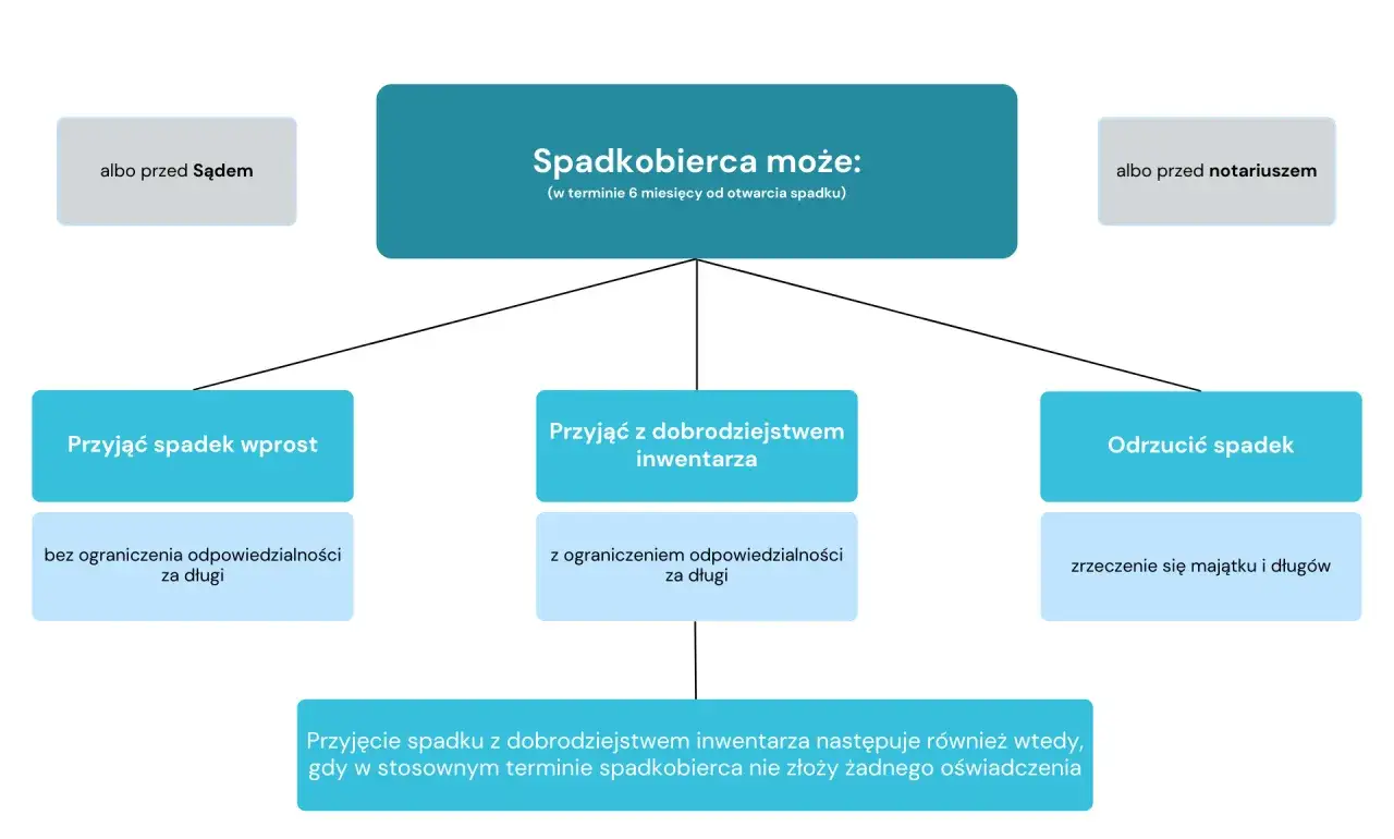 Spadkobierca może przyjąć spadek, przyjąć z dobrodziejstwem inwentarza lub odrzucić spadek.