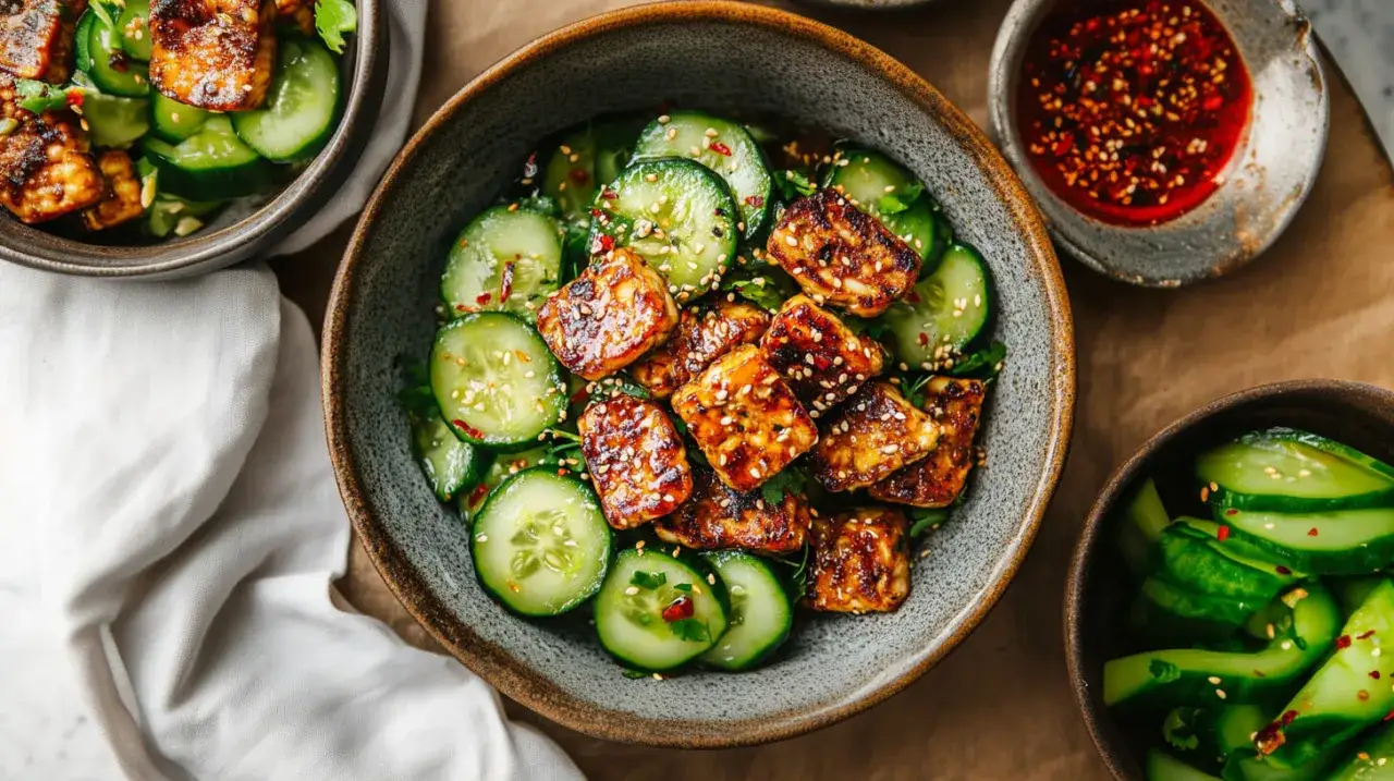 Smażony tempeh w sosie, podany z plasterkami ogórka i sezamem. To właśnie tempeh co to za pyszne danie!