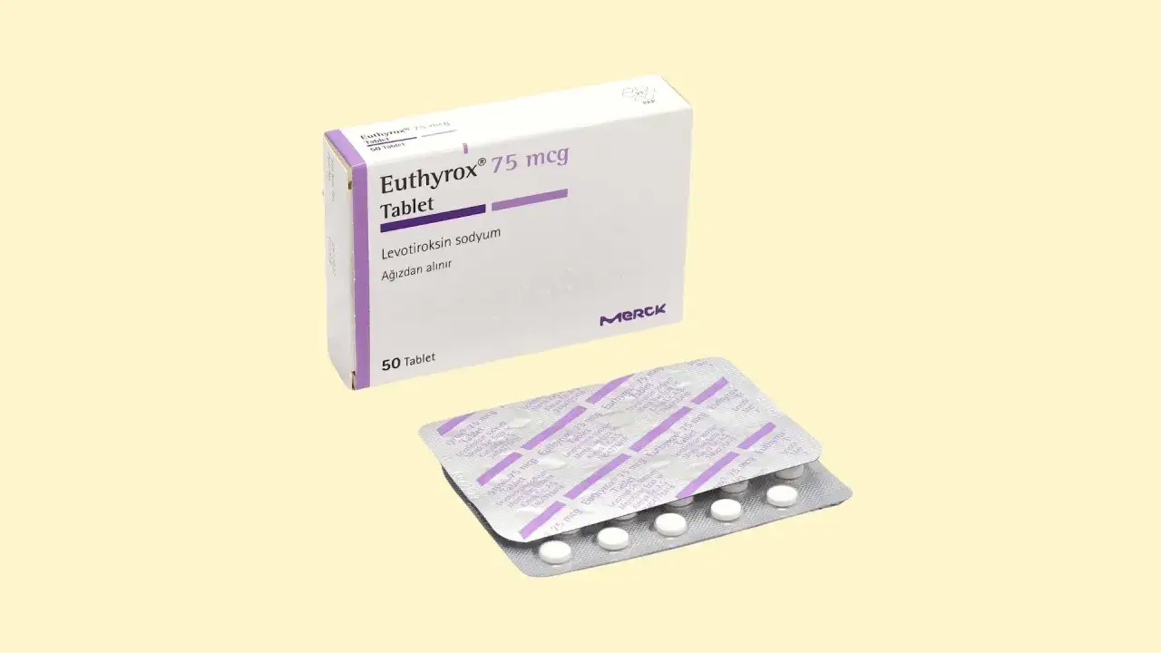 Opakowanie leku Euthyrox 75 mcg, który jest stosowany przez lekarza od tarczycy. Tabletki w blistrze.