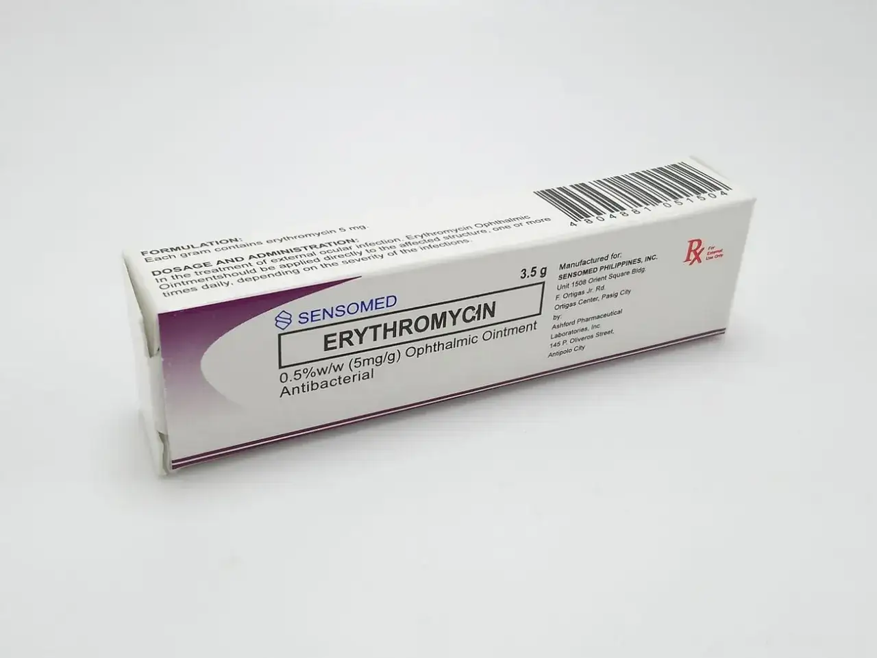 Opakowanie maści Sensomed Erytromycyna 0.5% w/w (5mg/g) do oczu, antybakteryjnej.