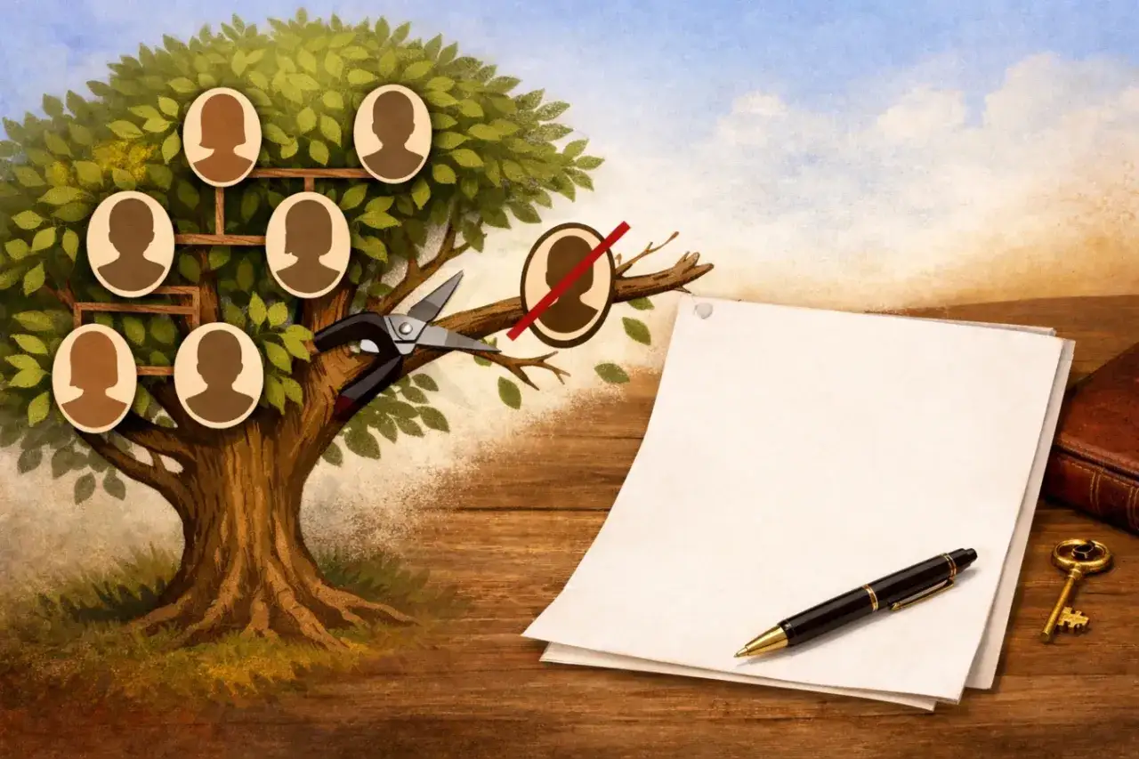 Drzewo genealogiczne z nożycami przecinającymi gałąź symbolizuje odrzucenie spadku. Obok leżą dokumenty, pióro i klucz.
