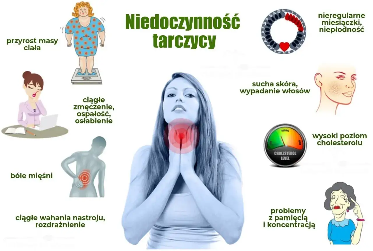 Niedoczynność tarczycy objawy: przyrost masy ciała, zmęczenie, bóle mięśni, wahania nastroju, sucha skóra, wypadanie włosów, wysoki cholesterol, problemy z pamięcią.