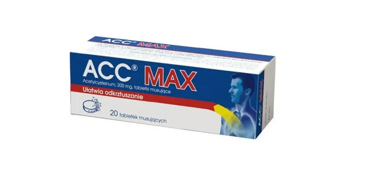 Opakowanie ACC MAX z acetylocysteiną, 20 tabletek musujących ułatwiających odkrztuszanie.