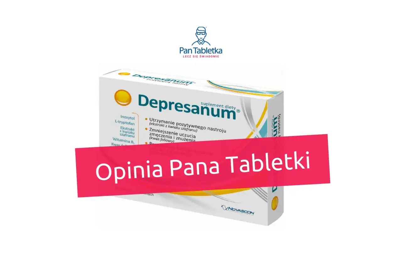 Opakowanie suplementu diety Depresanum, który wspiera pozytywny nastrój. Opinia Pana Tabletki.