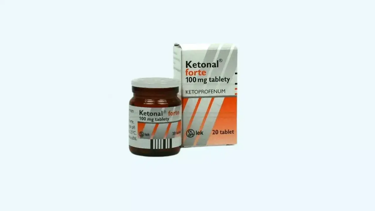 Ketonal forte 100 mg, lek bez recepty w buteleczce i pudełku, zawiera 20 tabletek ketoprofenu.