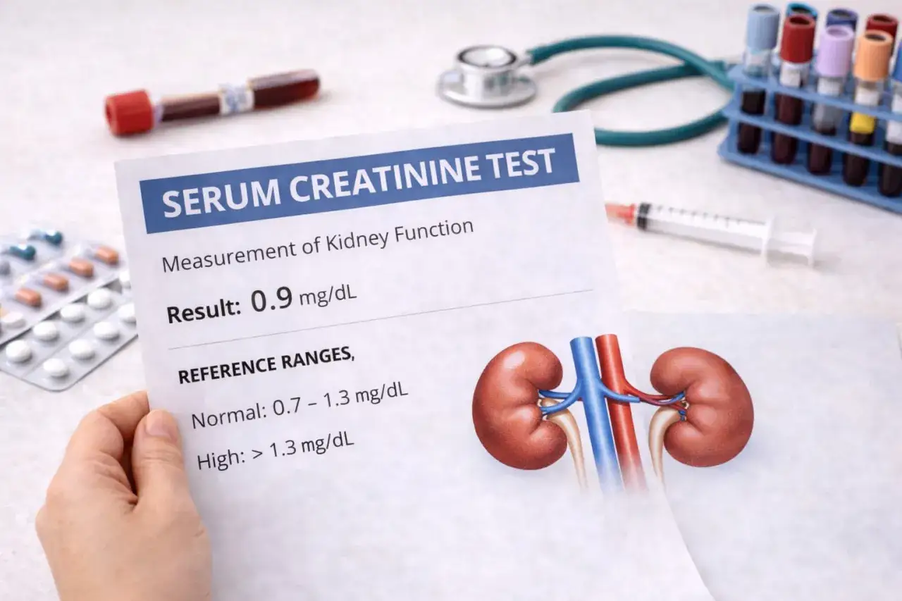 Wynik badania kreatyniny 0.9 mg/dL, wskazujący na prawidłową funkcję nerek. Obok wyniki laboratoryjne i rysunek nerek.