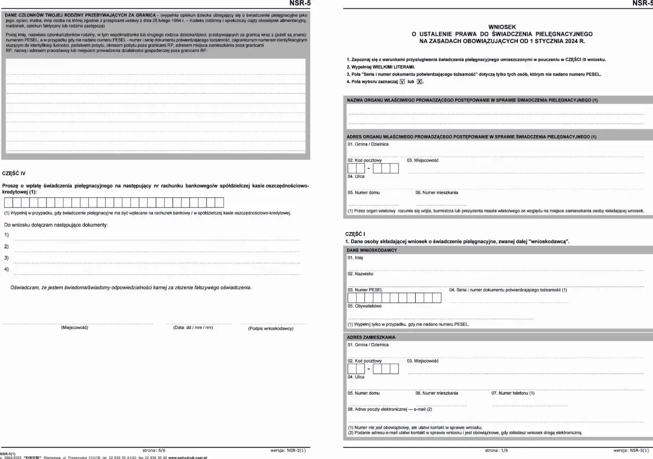 Formularz wniosku o świadczenie pielęgnacyjne. Wypełnij dane wnioskodawcy, adres zamieszkania i informacje o członkach rodziny za granicą.