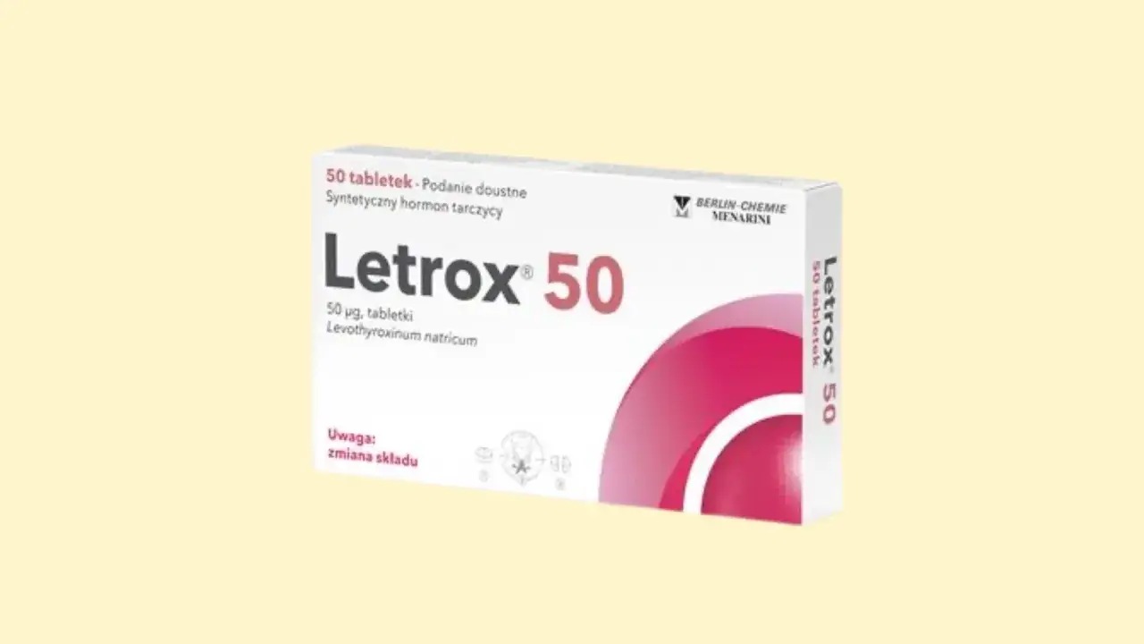 Opakowanie leku Letrox 50, zawierającego syntetyczny hormon tarczycy.