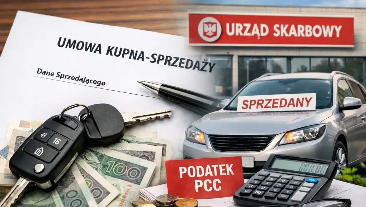 Umowa kupna-sprzedaży pojazdu, kluczyki, pieniądze, kalkulator i znak