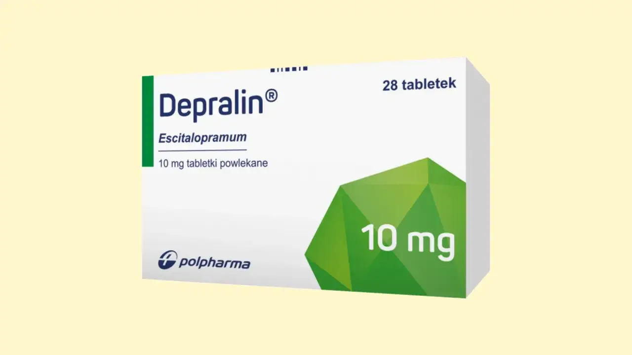 Opakowanie leku Depralin 10 mg, zawierającego escitalopram. Miansec to nazwa substancji czynnej.